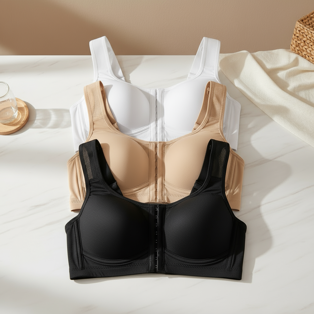 Produktfoto drei BHs - schwarz, weiß, beige